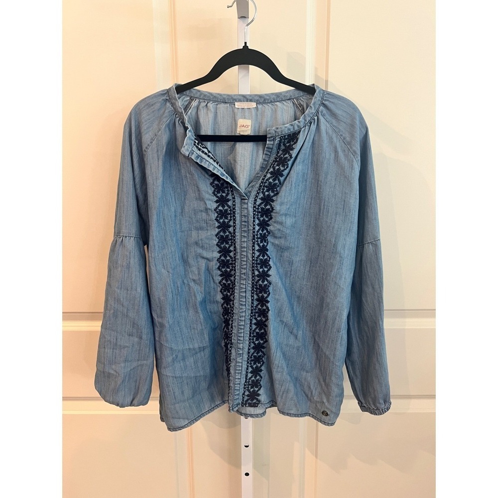 JAG Jeans Womens XS Blue Chambray Embroidered Tencel Boho Peasant Blouse - Picture 2 of 7